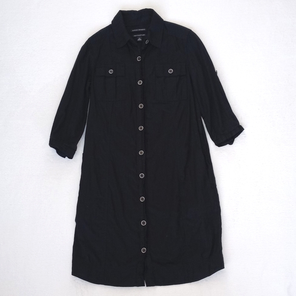 Banana Republic 3/4 Sleeve Black Soft Italian Cotton Button Down Shirt Dress 2 - Picture 5 of 16